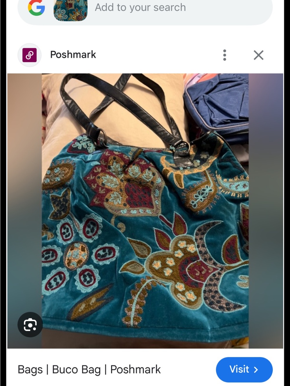 BUCO Teal Velvet Floral Hobo Bag with Tassel Accent - Picture 3 of 11